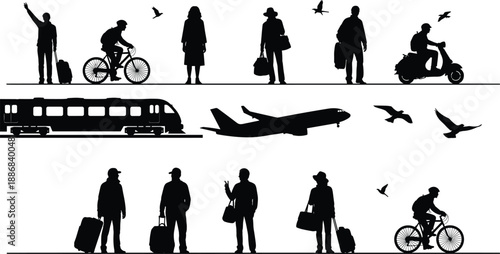 Silhouettes of travelers walking, cycling, and riding scooters with luggage alongside train and airplane in motion-themed layout