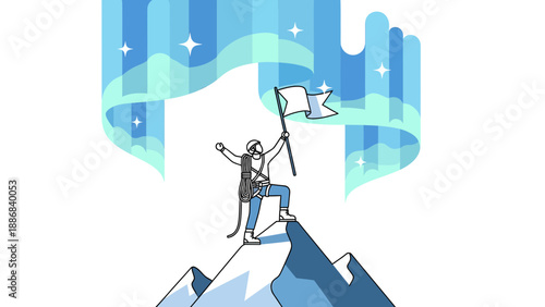 Triumph Reached Top: Climber Celebrating Peak Success Under Northern Lights Backdrop