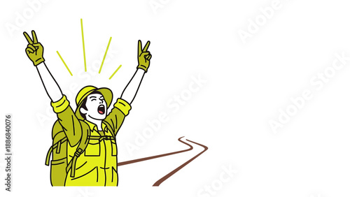 Triumphant Hiker Celebrates Reaching Destination With Arms Raised And Making Peace Sign