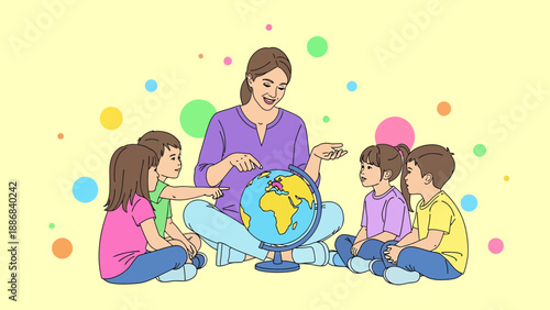 Teacher Explaining Geography To Children With A Globe In The Classroom