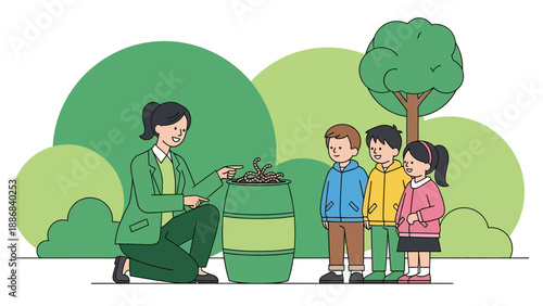 Teacher Explaining Vermicomposting With Kids In The Park Cartoon Illustration