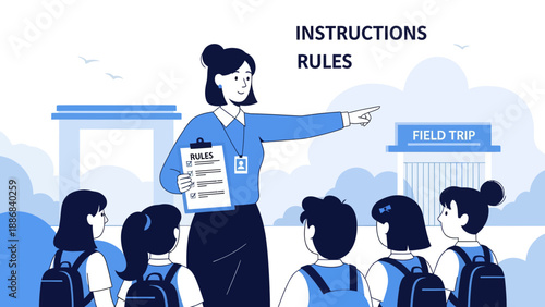 Teacher Explaining Trip Rules To Students In The Field Trip Vector Illustration