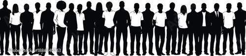 Silhouettes of 20 diverse individuals in casual and formal clothing standing side by side with varied gestures and posture