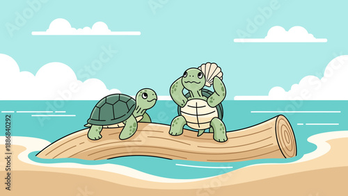 Turtle Friends Enjoying A Day At The Beach Cartoon Illustration On A Log