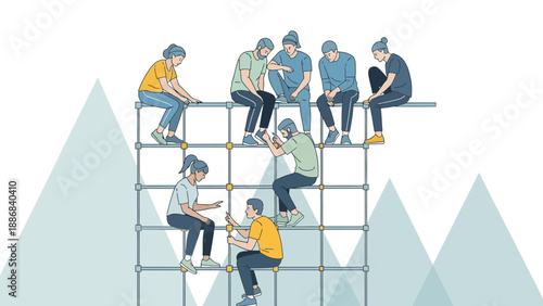 Teamwork And Communication Concept Diverse People Sit On Structure Together
