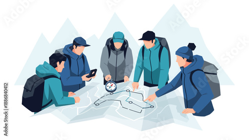 Teamwork And Planning Adventure For Group Of Hikers In Mountainous Landscape