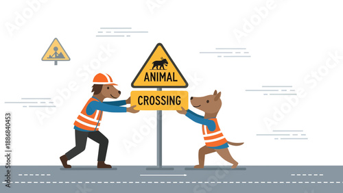 Teamwork Constructing Animal Crossing Sign with Dog Workers For Safety Awareness