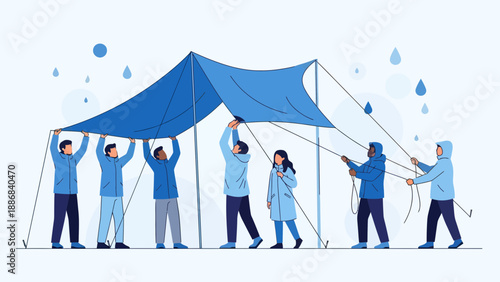 Teamwork Creates Shelter Together During The Downpour Rain Weather