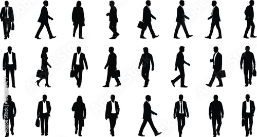 Silhouettes of 24 individuals walking in business attire with varied poses, gestures, and accessories in grid layout