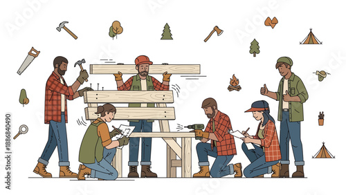 Teamwork Crafts A Wooden Bench In An Outdoor Scene For Camping Adventures Or Woodworking Projects