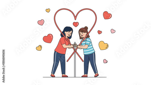 Two Young Women Collaborating And Tying A Knot Creating Love Togetherness Concept