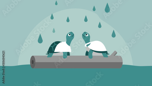 Two Turtles Floating on a Log in the Rain Illustration Perfect for Children