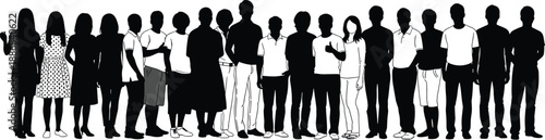 Silhouettes of 20 individuals in casual and semi-formal attire standing side by side with varied gestures and posture