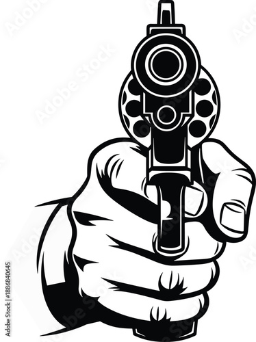 Revolver pointed at viewer vector illustration, black and white design with skeletal hand and symbolic chamber detail