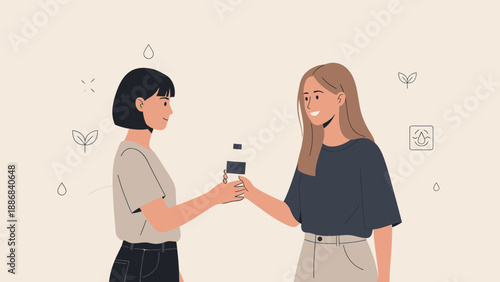 Two Young Women Exchanging Sustainable Beauty Product Presenting Eco Conscious Consumerism