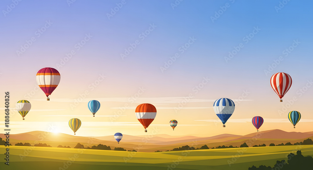 Obraz premium Colorful hot air balloons flying over green fields during sunris