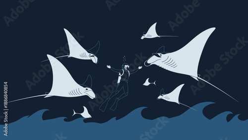 Underwater Encounter Diver Surrounded By Gentle Manta Rays In Deep Blue Ocean