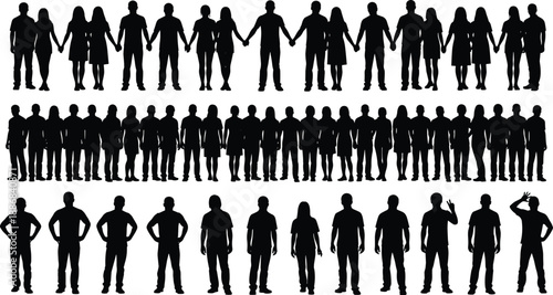 Silhouettes of people in three-row layout showing hand-holding, standing, and gestural interaction in social group formations