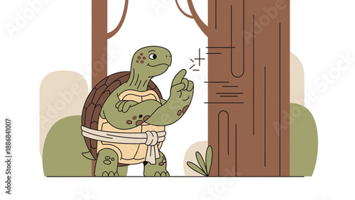 Thinking Turtle Character with Karate Belt Stands In Forest Environment Isolated