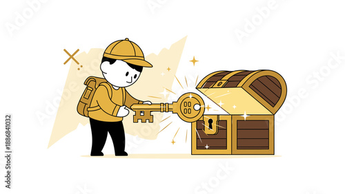 Unlocking Adventure Boy With Key Opens Treasure Chest Illustration Design