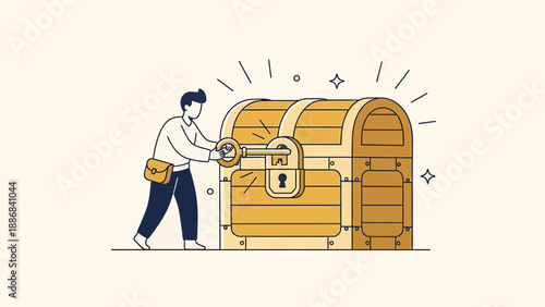 Unlocking Opportunity Illustration Man with Key Opening Golden Treasure Chest