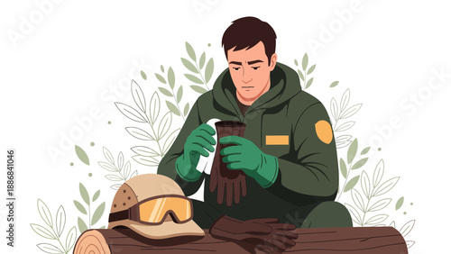 Thoughtful Arborist Cleaning Safety Gloves Between Tasks In Forest Environment