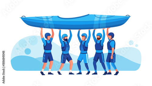 United Teamwork Men Carrying Kayak Symbolizing Collaboration And Water Sports Adventure
