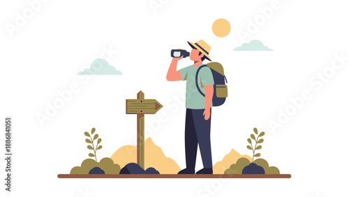 Thirsty Hiker Taking a Break on a Trail With Directional Sign