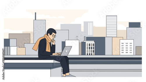 Thoughtful Freelancer Works On Laptop Sitting Outdoors With City Skyline