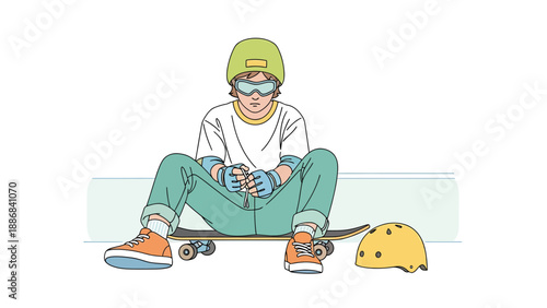 Thoughtful Skater Taking A Break On Skateboard At Skate Park Wearing Protective Equipment