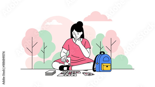 Thoughtful Woman Enjoys Playing Card Game Outdoors Surrounded by Trees and Backpack