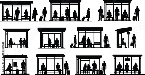 Silhouettes of people waiting at bus stops in varied shelter designs and poses across fifteen public transit scenes