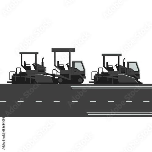 Three Asphalt Paver Machines Working On New Road Infrastructure Construction Project Illustration