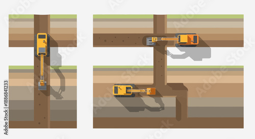 Top Down View Of Excavators Digging Trenches In Flat Design Construction Site Illustration