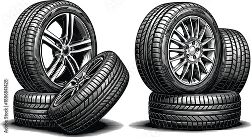 Car tire and alloy rim vector set, black and white illustrations with stacked wheels and detailed tread designs