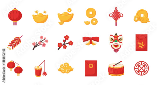 Chinese New Year Icons: Lanterns, Gold, Firecrackers, Lion Dance, Red Envelopes