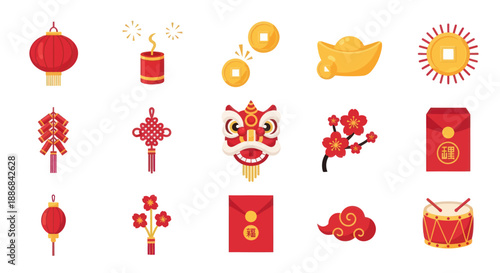 Chinese New Year Icons: Lanterns, Firecrackers, Lion Dance, Coins, Envelopes, Drum