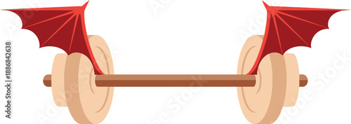 Barbell with red demon wings symbolizes extreme strength training or hellish fitness goals in a graphic isolated design.