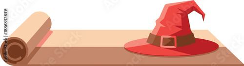 A bright red wizard hat featuring a brown buckle rests on a horizontal, unrolled piece of tan paper.