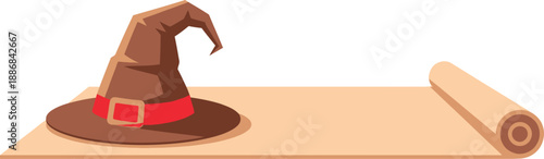 A brown witch's hat with a red buckle sits atop a partially unrolled parchment scroll on a white background.
