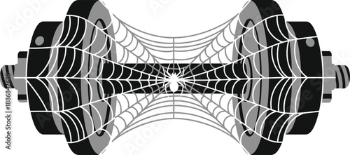 A black and white barbell features a detailed spiderweb design spanning the center bar.