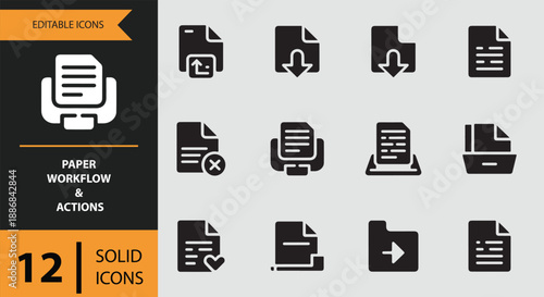 Paper workflow and document management solid icons set for digital and print processes