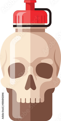 A brown liquid container is uniquely shaped like a human skull with a red sport cap on the top against a white backdrop.