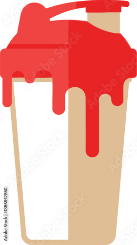 A tall protein shaker bottle with a red lid displays thick red liquid dripping down the beige container on a white background.
