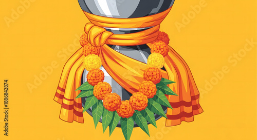 Decorated Kalash pot with marigold garland and saffron cloth on