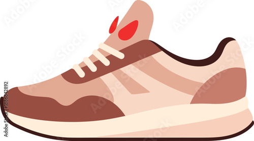 A stylized illustration of a single athletic running shoe features soft brown and beige tones on a white background.