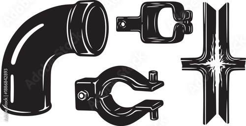 Industrial Pipe Fittings and Clamps in Black and White