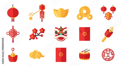 Chinese New Year Icons: Lanterns, Firecrackers, Red Envelopes, Lion Dance, Gold