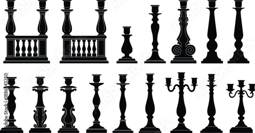 Black candle holder silhouette icon set, classic and ornate candlesticks collection, antique decorative lighting accessories, vintage interior decor elements, flat vector illustration isolated on