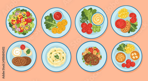 Assorted dishes on plates with various food items.